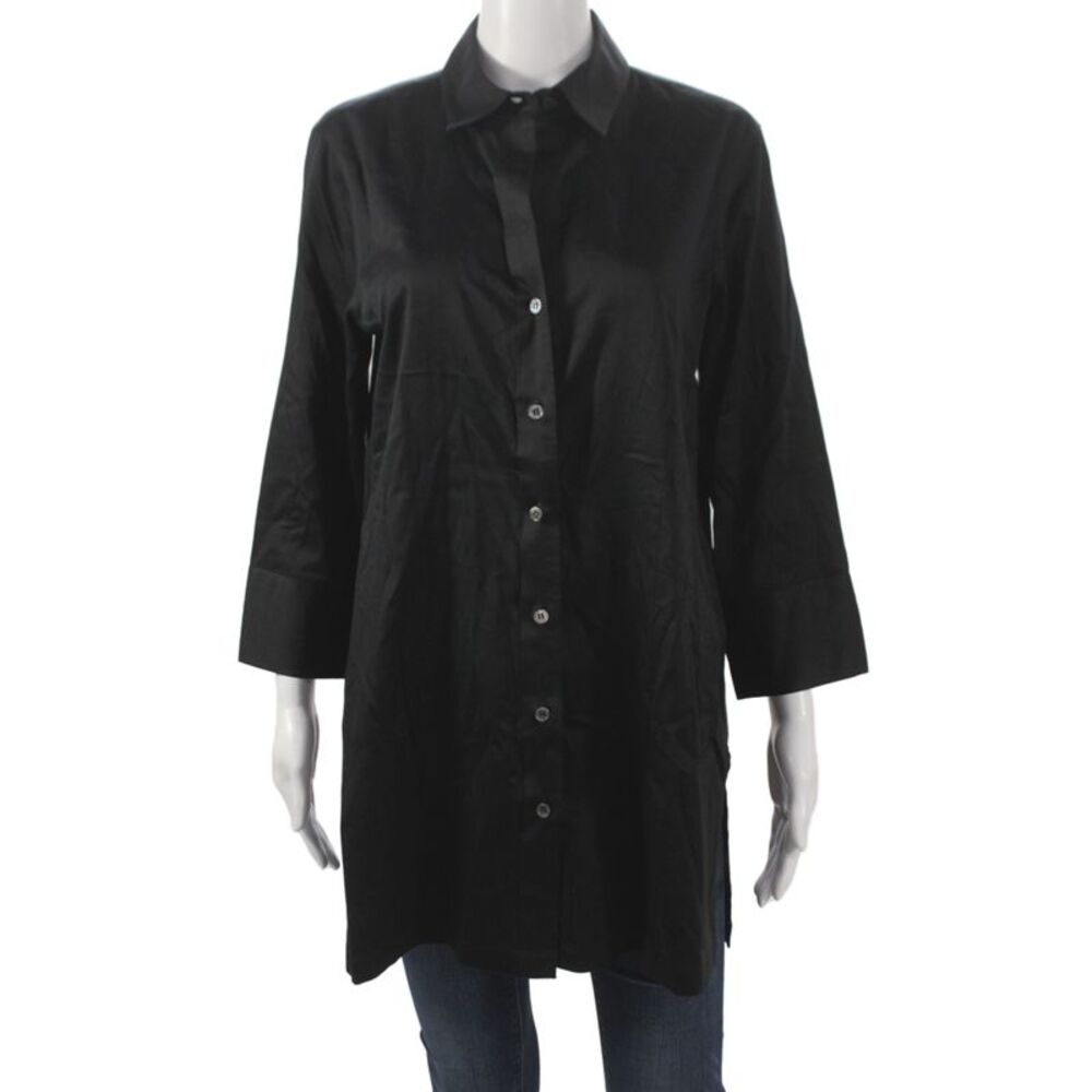 Paper White Women Tunic Button-Up Black Collared 3/4 Sleeve Cotton Size 10